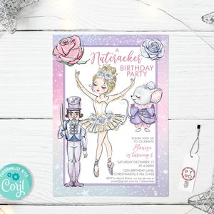 May include: A Nutcracker Birthday Party invitation with illustrations of a ballerina, mouse, and nutcracker soldier. The invitation has a pink and purple gradient background with text that reads "Nutcracker Birthday Party". Includes event details and a tag.