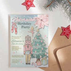 May include: A Nutcracker-themed birthday party invitation with a watercolor design. The invitation features a pink and green Christmas tree, a nutcracker soldier, and ballet-themed elements. The text reads "Nutcracker Birthday Party" and details for the party.