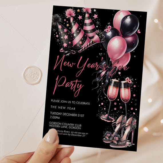 Pink Champagne New Year's Eve Party Invitation, Sparkle, Balloons (Digital Download)