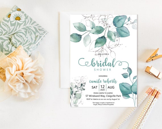 Teal Foliage Bridal Shower Invitation, Greenery Shower Invitation, Printable Bridal Shower, Editable Template, Watercolor Silver Leaves