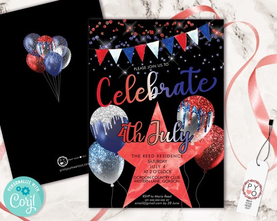 4th July Celebrate Invitation Printable Template, Red White Blue Sparkle Editable Party Invitation, Printable Independence Day Invite