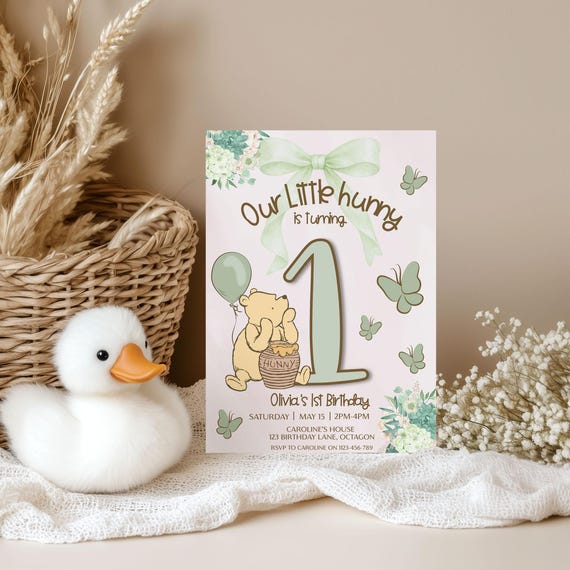 Winnie-the-pooh green bow 1st Birthday Invitation: little hunny turning 1, honey pot (Printable Template)