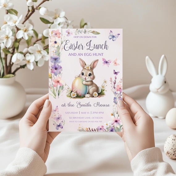Lilac Floral Easter Bunny Brunch Invitation Printable Template, Eggs Rabbit Invitation for Morning Tea, Pastel Bouquet Floral Egg Hunt