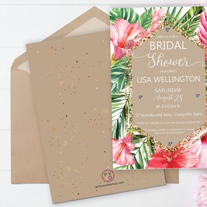 May include: A tropical-themed bridal shower invitation with pink hibiscus flowers, green palm leaves, and gold glitter accents. The text reads "Join us for a Bridal Shower Honoring Lisa Wellington Saturday August 28 at 2 o'clock 57 Windward Way, Claigville Park RSVP to Valerie on xxx-xx-xxx by August 1st The happy couple is registered at Target Macys & Bloomingdales"