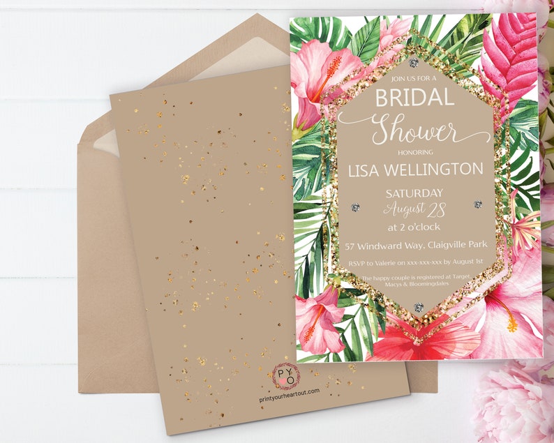 May include: A tropical-themed bridal shower invitation with pink hibiscus flowers, green palm leaves, and gold glitter accents. The text reads "Join us for a Bridal Shower Honoring Lisa Wellington Saturday August 28 at 2 o'clock 57 Windward Way, Claigville Park RSVP to Valerie on xxx-xx-xxx by August 1st The happy couple is registered at Target Macys & Bloomingdales"