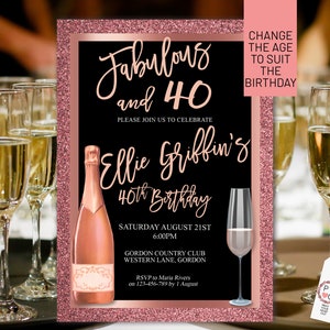Jedes Alter Rose Gold Geburtstag Champagner Einladung Druckbare Vorlage, Glitzerfolie Bearbeitbar Geburtstagsessen Einladung Frauen, druckbare Karte