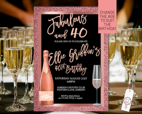 Any Age Rose Gold Birthday Champagne Invitation Printable Template, Glitter Foil Editable Birthday Dinner Invitation Women, Printable Card