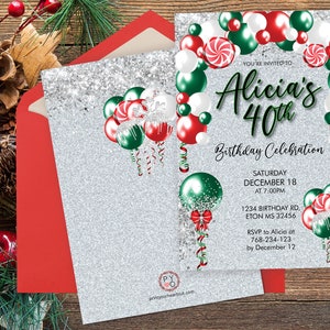 May include: A festive invitation for Alicia's 40th birthday celebration. The design features a silver glitter background with red, green, and white balloons and candy cane accents. The invitation includes event details and RSVP information.
