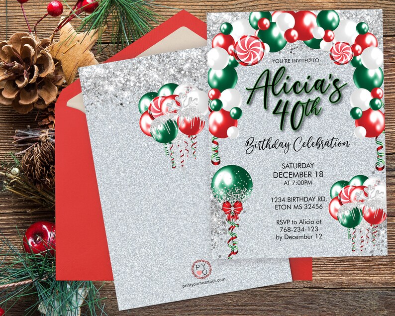 May include: A festive invitation for Alicia's 40th birthday celebration. The design features a silver glitter background with red, green, and white balloons and candy cane accents. The invitation includes event details and RSVP information.