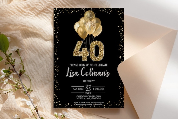 DIY 40th Birthday Balloons Invitation Printable Template, Black Gold Glitter Editable Birthday Party Invitation for Women, 40th Printable