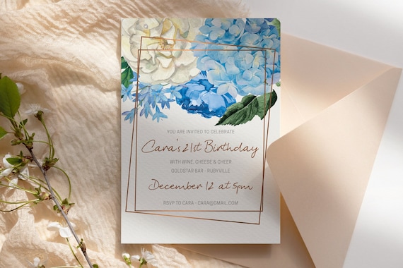 Blue Watercolor Flowers Birthday Invitation Printable Template, Any Age Editable Birthday Invitation for Women, Printable Floral Invitation