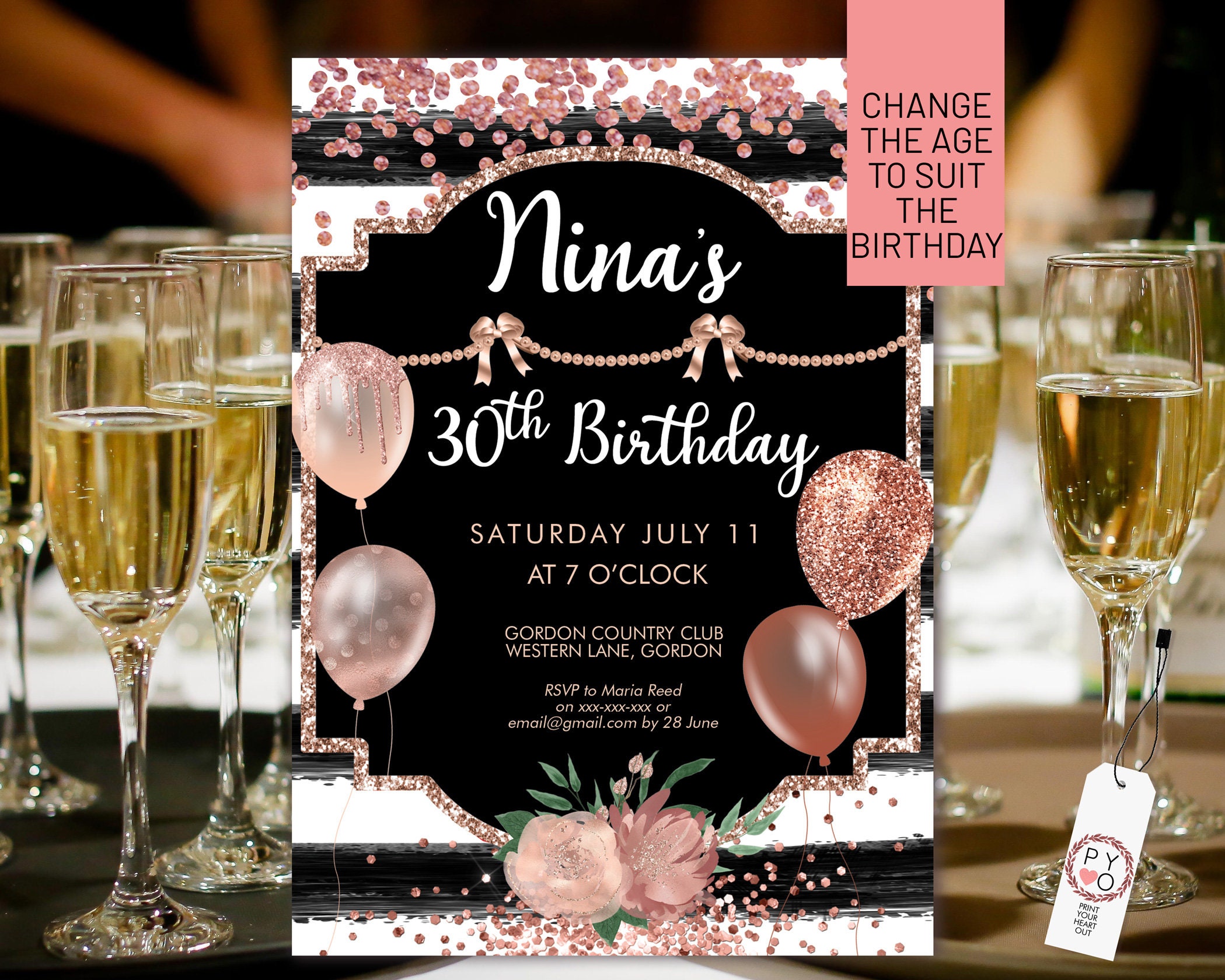 Rose Gold Birthday Balloons Invitation Printable Template Black White