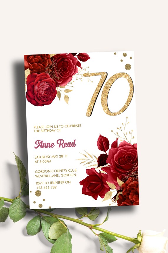 Red Floral Gold Glitter 70th Birthday Invitation, Glam Rose Party Invite (Digital Download)
