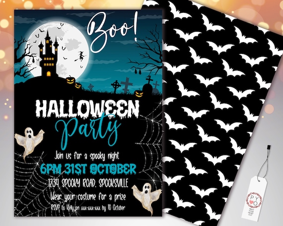 Halloween Haunted House Boo Invitation Printable Template, Blue Moon Ghosts Party Invite, Printable Fright Night Invite, Pumpkins, Scary