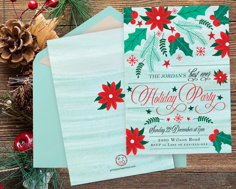 May include: Christmas party invitation with a watercolour effect background. The invitation features red poinsettias, green holly, and the text "The Jordan's best ever Holiday Party". Includes a matching envelope.