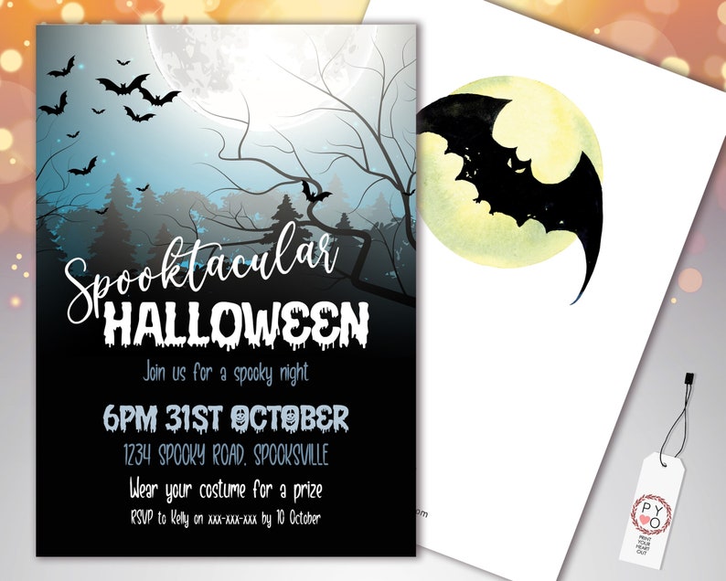 May include: Halloween invitation with a spooky night theme. The design features a full moon, bats, and trees. The text reads "Spooktacular Halloween" with event details. A separate card shows a bat silhouette against a yellow moon.