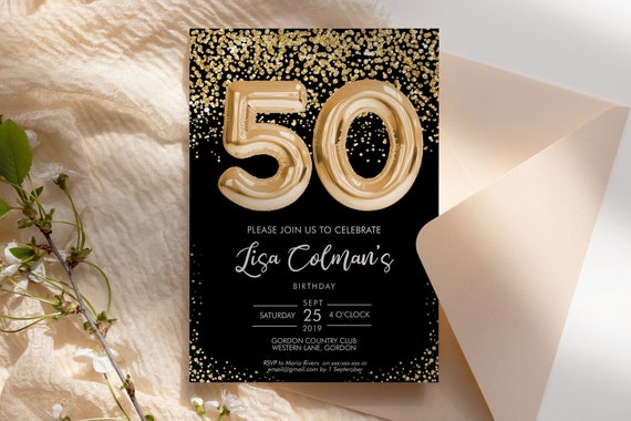 DIY 50th Birthday Foil Balloon Confetti Invitation Printable Template, Black Gold Balloon Glitter Editable 50 Birthday Party Invitation