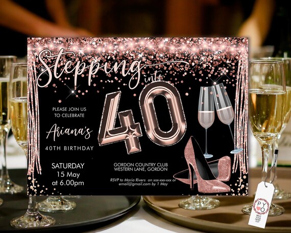 Stepping into 40 Birthday Invitation Printable Template, Horizontal RoseGold Heels Blush Champagne Party Women, Printable gold lights Invite