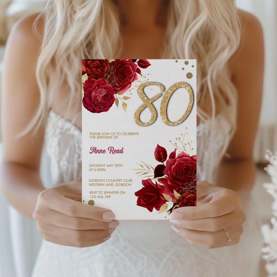 Red Floral Birthday Invitation template - Editable Printable 5x7 - Gold Glitter Number Invite - Instant Download
