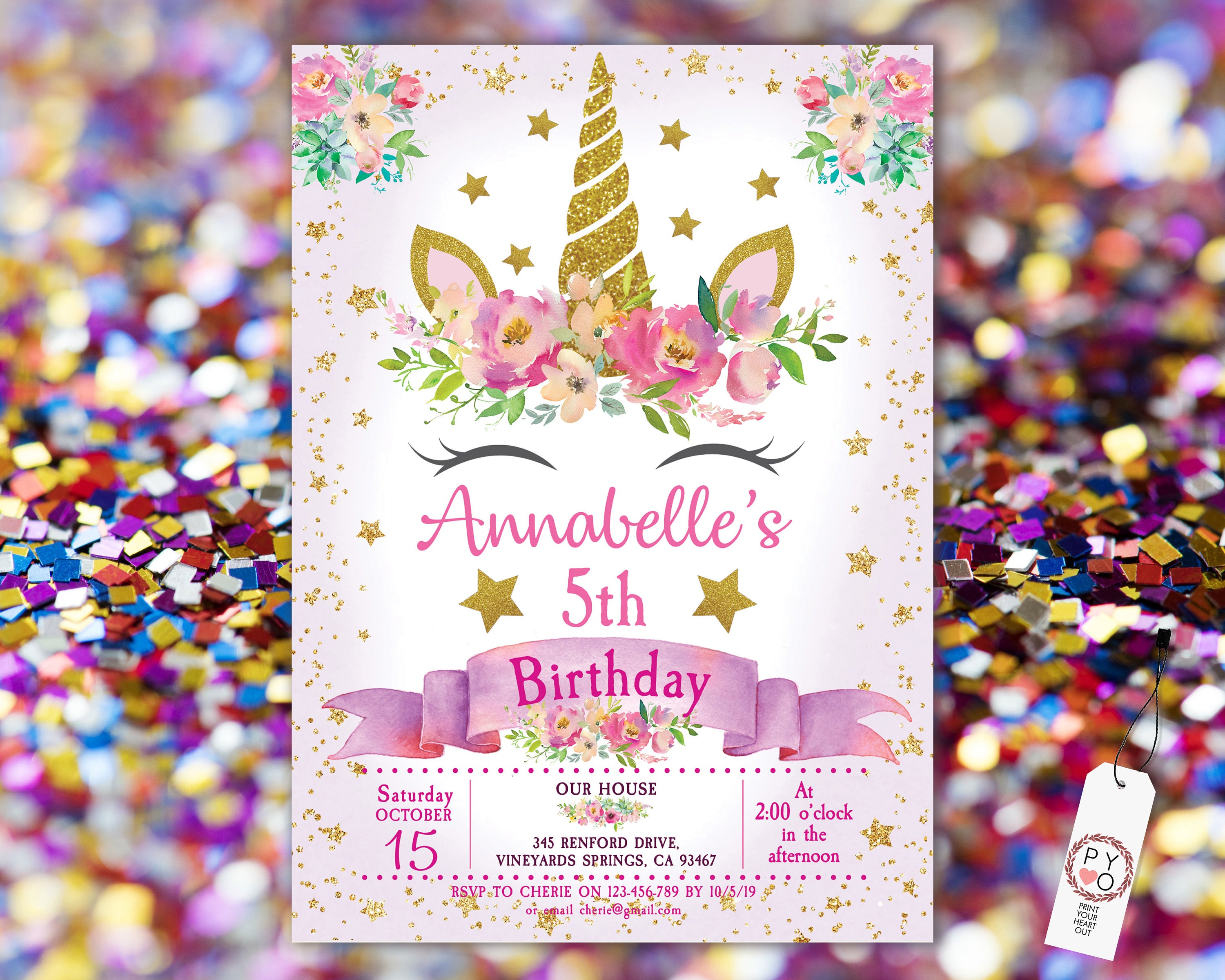 gold unicorn floral birthday invitation printable template