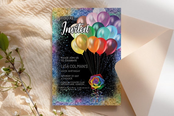 Rainbow Birthday Balloons Invitation Printable Template, Celebration Editable Drinks Cocktails Party Card,  LBGT  Printable Glitter Invite