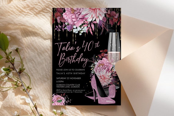 Pink Glitter Stiletto Champagne Birthday Invitation Printable Template, Pastel Pink Shoes Editable Party Dinner Women, Any Age Heels Invite