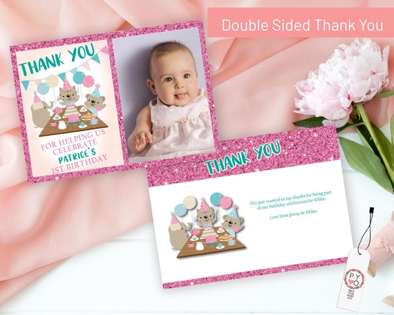 Pink Baby Animal Photo Thank You Card, Girls Printable Thank You Card, Birthday Thank You, Thanks Childrens Party, Pink Glitter Photo Card