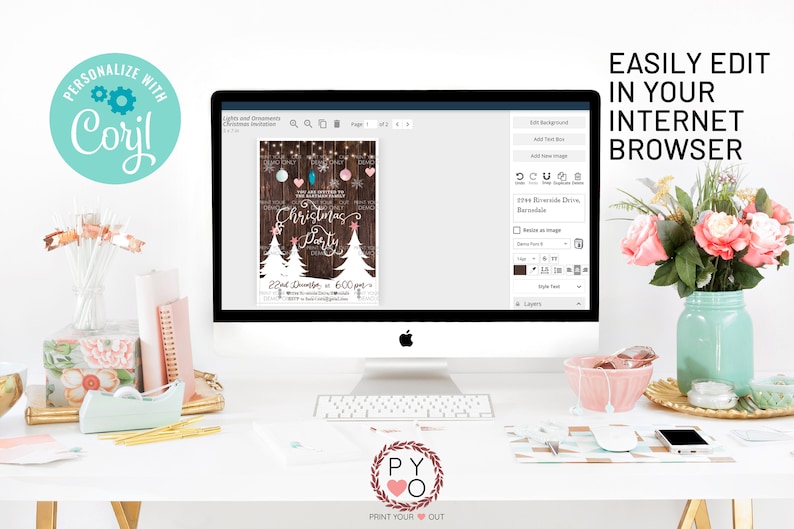 May include: A computer screen displaying a Christmas party invitation template with a rustic wood background, white Christmas trees, and pink and blue ornaments. The text on the invitation reads "You are invited to our annual Christmas Party". The invitation is being edited using a web-based design tool. The text "EASILY EDIT IN YOUR INTERNET BROWSER" is displayed above the computer screen.