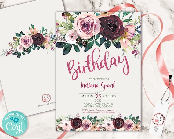 Plum Floral Birthday Invitation Printable Template, Any Age Editable Birthday Invitation for Women, Printable Pink Text Invitation