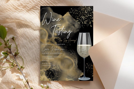 Wine Tasting Birthday Invitation Printable Template, Gold Glitter White Wine Chardonnay Editable Party Invite, Drink Dinner Party Card