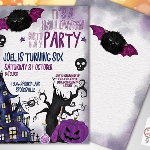 May include: A Halloween-themed birthday party invitation with a watercolor design. The invitation features a black bat with purple wings, a purple pumpkin, and a spooky house. Text includes "It's a Halloween Party" and party details.