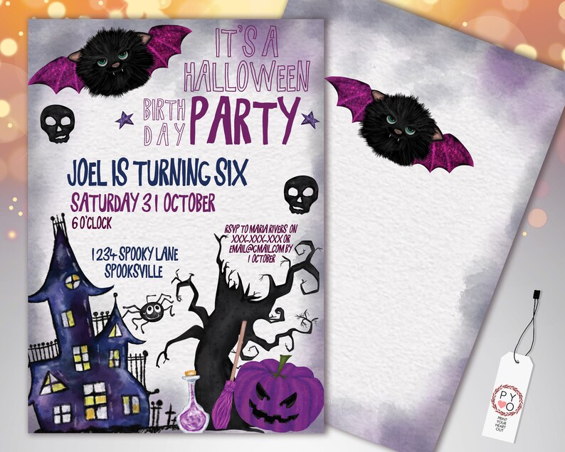 May include: A Halloween-themed birthday party invitation with a watercolor design. The invitation features a black bat with purple wings, a purple pumpkin, and a spooky house. Text includes "It's a Halloween Party" and party details.