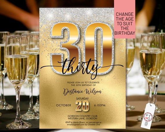 DIY Any Age Birthday Gold Silver Glitter Number Invitation Printable Template, Satin Foil Editable Dinner Drinks Party Invitation for Women