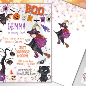 May include: A Halloween-themed invitation with a watercolor illustration of a witch on a broom, a black cat, and other spooky elements. The invitation includes the text "GEMMA is turning four!" and event details.