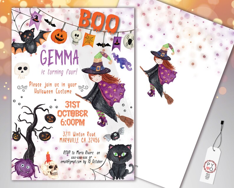 May include: A Halloween-themed invitation with a watercolor illustration of a witch on a broom, a black cat, and other spooky elements. The invitation includes the text "GEMMA is turning four!" and event details.