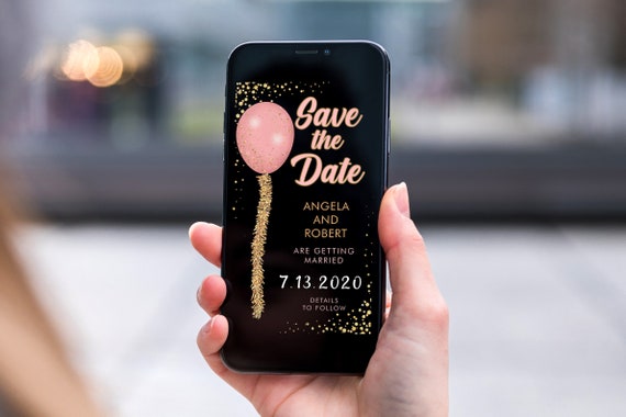 Pink Gold Glitter Balloons Save the Date, Electronic Invite, Glamorous Wedding, Smart phone SMS Digital Editable template, Eco Friendly