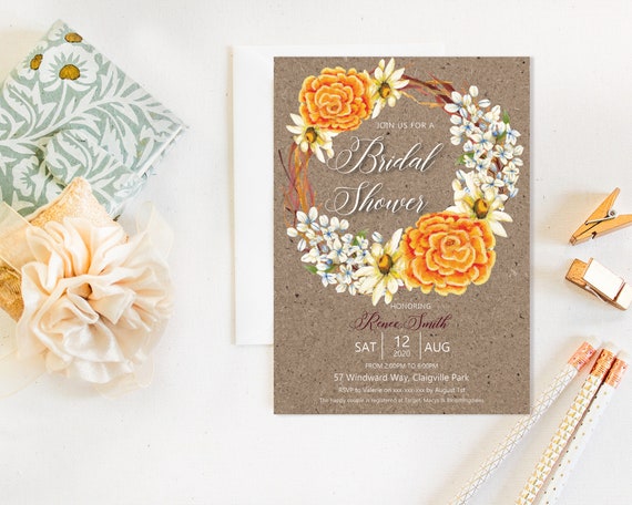 Country Floral Marigold Wreath Bridal Shower Invitation, Kraft Rustic Cream Shower Invitation, Printable Bridal Shower, Editable Template