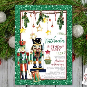 May include: A rectangular birthday party invitation featuring two nutcracker figures, a drum, and a cupcake. The text reads A Nutcracker BIRTHDAY PARTY, PLEASE JOIN US TO CELEBRATE, Andrew is turning 6, SATURDAY DECEMBER 12 AT 4:00PM, 1234 BIRTHDAY LANE, CHRISTMASVILLE MA 23456.