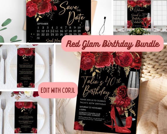 Red Gold Glitter Birthday Invitation Bundle: Stiletto Champagne (Editable Templates)