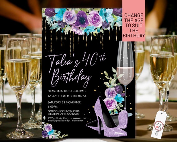 Lilac Glitter Stiletto Champagne Birthday Invitation Printable Template, Purple Shoes Editable Party Invitation Women, Any Age Heels Invite