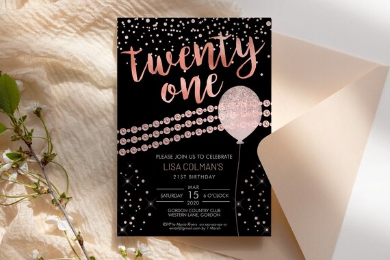 DIY 21st Birthday Pink Diamond Invitation Printable Template, Glitter Balloon Editable Birthday Party Invitation for Women, Printable Invite