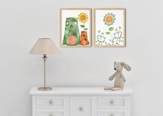 Modern Green Boho Bears Art Print Set | Printable Nursery Art | Yellow Flower Kids Room | Baby Room Wall | Girl Nursery Decor | Set 2 Prints