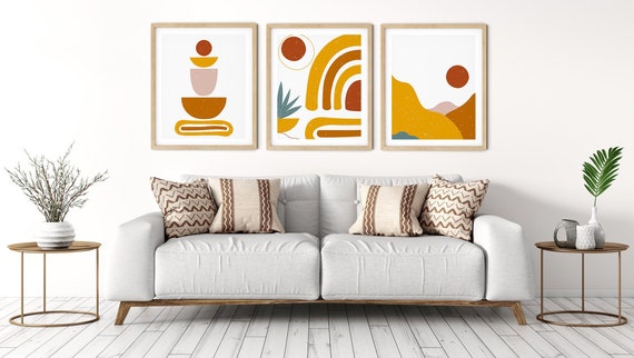 Modern Art Print Set | Mustard Shapes Art | Botanical Wall Art | DIY Living Room Wall Art | Set 3 Prints | Brown Pink Abstract Wall Art Set