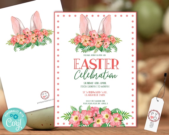 Orange Floral Easter Bunny Ears Invitation Printable Template, Peach Rabbit Invitation for Morning Tea, Pastel Bouquet Floral Invitation