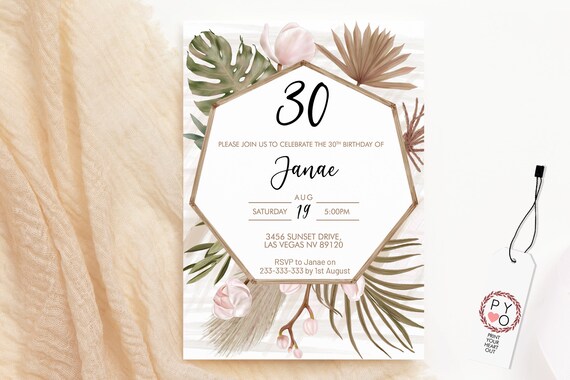 Boho Tropical Orchid Birthday Invitation, Modern Pamapas Palm Brunch Invitation, Printable Lunch Dinner Party, DriedLeaves Editable Template