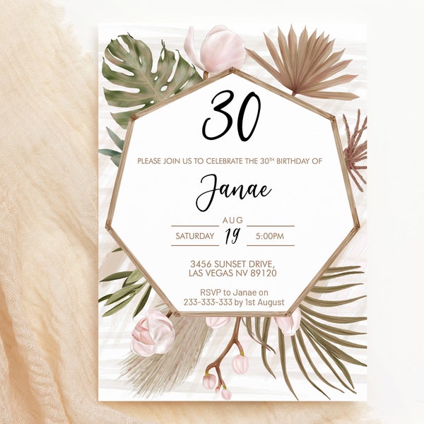 Boho Tropical Orchid Birthday Invitation, Modern Pamapas Palm Brunch Invitation, Printable Lunch Dinner Party, DriedLeaves Editable Template