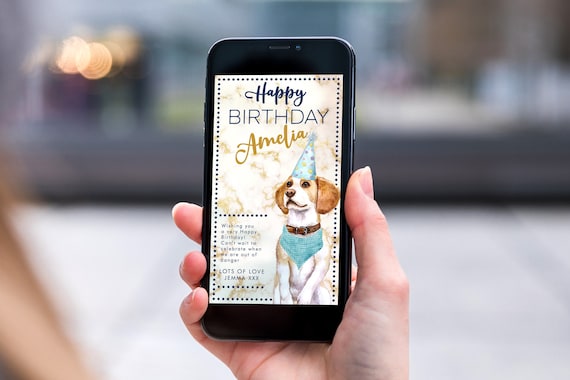 Beagle Dog Navy Gold Marble Electronic Birthday, Smartphone SMS Editable template,EcoFriendly, Electronic Puppy eCard Birthday Greeting