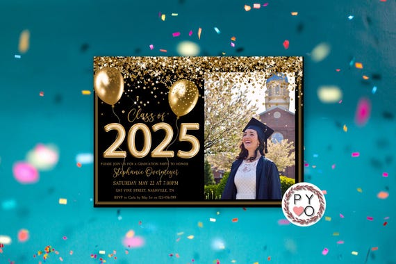 Class of 2025 Gold Photo Graduation Invitation Printable Template, Glitter Editable, Graduate Editable Invite, High School, College Grad