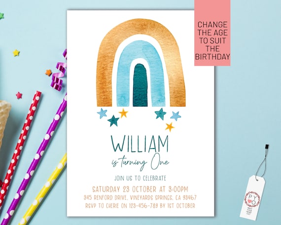 Blue Gold Rainbow Boys Birthday Party Invitation Printable Template, One Editable Invite, First Birthday, Watercolor Cute Invite, Any Age