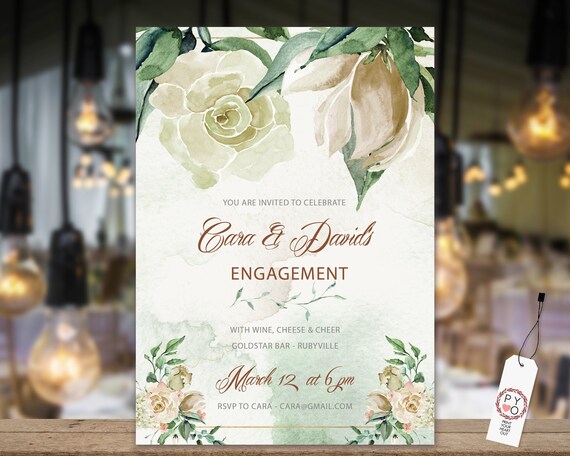 Cream Rose Magnolia Engagement Invitation, Printable Invitation, Floral Invite, Couples Shower, Wedding Invite, Romantic Floral Engagement